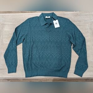 $860 Mens M Missoni Textured Chevron Johnny Collar LS Polo Shirt Green Medium